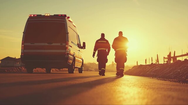 Emergency responders walk towards the sunset after a long day in the field near a rescue vehicle