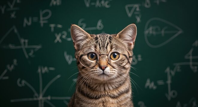 Smart Cat Studying Science: A studious cat wearing spectacles poses in front of a chalkboard filled with complex mathematical formulas, exuding an aura of intellect and curiosity. 