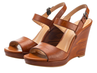 Stylish brown leather wedge sandals feature open toe design and ankle straps, perfect for summer outfits and casual occasions.