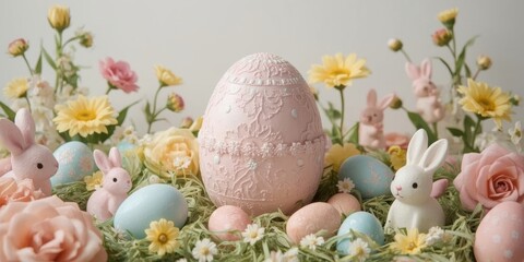 Whimsical easter scene with decorated egg and bunnies among flowers