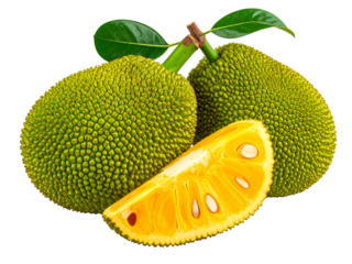 Fresh whole and sliced jackfruit displayed with green leaf, vibrant yellow flesh, tropical exotic fruit, nutritious and delicious for healthy snacks or cooking.