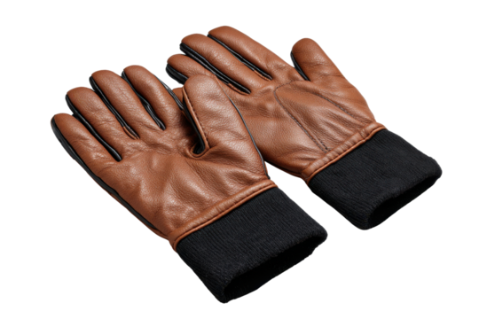 Brown leather gloves with black knitted cuffs on black background image, Png, Isolated on Transparent Background, Cut Out