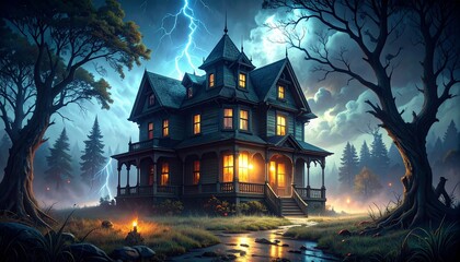 Obraz premium Panoramic comic horror scene of a haunted Victorian house at night broken windows fog