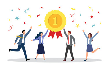 Team achievement, high quality employees, teamwork to help success together, best quality service reward, high performance staffs concept, business people celebrate high quality badge achievement.