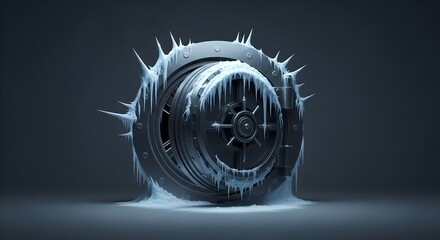 An ice-bound vault door dramatically visualizes the chilling grip of a global financial crisis, symbolizing frozen assets and economic stagnation