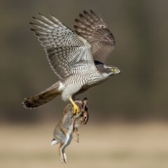 Fototapeta premium Predator hawk flying fast with prey in claws, feathers flaring from motion, isolated background