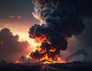 Dramatic scene of a colossal explosion erupting from a field