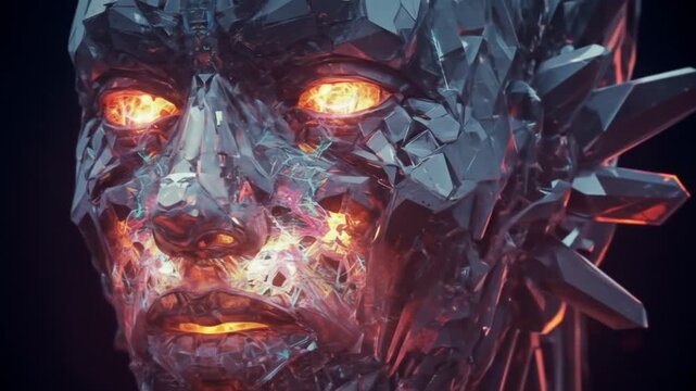Crystalline face with glowing eyes jagged edges  sharp reflections Energetic light emanates from within its structure