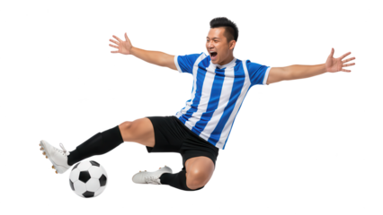 Excited Soccer Player Kicking Ball in Celebration, Isolated on White