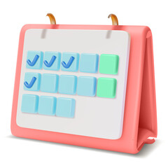 Pink Desk Calendar With Check Marks on Dates Indicating Tasks Completed And Upcoming Events And Appointments in Pastel Blue And Green