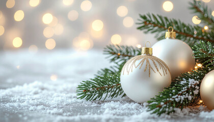 Fototapeta premium Elegant white and gold Christmas ornaments hanging on a fir tree with bokeh lights