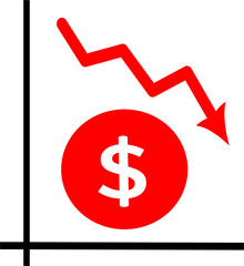 Dollar graph icon. Falling dollar currency rate vector icon. Finance crisis symbol. Vector graphics and not Artificial Intelligence, logo illustration. Replaceable vector design.