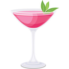 Pink Cocktail In Martini Glass With Green Mint Leaves On Transparent Background