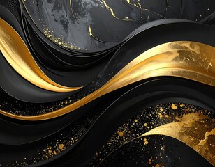 Elegant abstract artwork featuring black and gold flowing shapes
