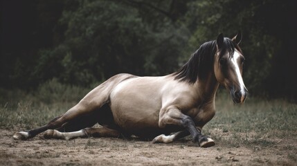 Obraz premium Relaxed Brown Horse Lying on Ground in Natural Outdoor Setting