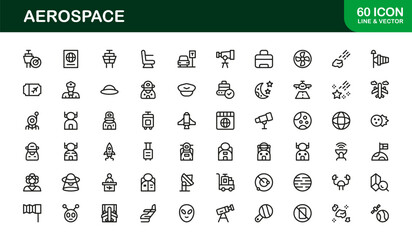 Aerospace icon pack showing aviation, space exploration, and flight technology concept