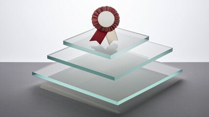Three transparent glass tiers stacked like a podium, crowned by a red rosette—perfect for ranking, awards, and premium tiers.