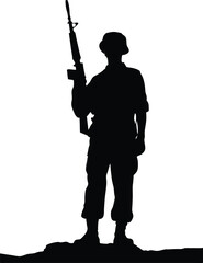 Silhouette of Soldier Standing at Attention with Rifle, Military Service and National Defense Concept