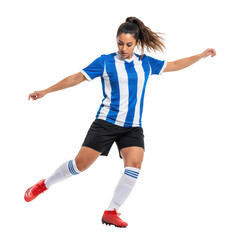 Fototapeta premium Female Soccer Player Kicking Ball Mid-Air on White