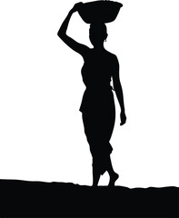 Silhouette of Woman Carrying Basket on Head Walking Barefoot on Soil Isolated on White