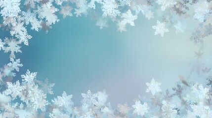 Numerous crystalline ice formations border a soft gradient background creating a winter frame