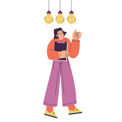 Creative woman with thumbs up gesture holding notebook standing under bright idea light bulbs on white background symbolizing innovation inspiration and success