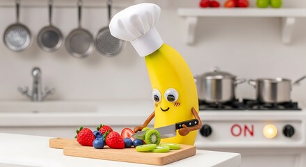 Banana Cartoon Character Chef Cooking Fruit Salad Kitchen Ingredients Creative Fun