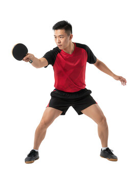 Focused Asian Man Playing Table Tennis in Red and Black Outfit, Isolated