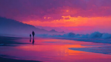 Fototapeta premium Father and Son Walking on a Beach at Vibrant Sunset