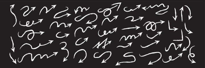 Red arrows crayon doodle chalk icons set. Hand drawn freehand different curved lines, swirls arrows. Direction pointers. Grunge scribble chalk marker drawing, black chalk smears. Vector illustration