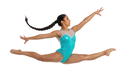 Graceful Gymnast Performing Split Leap on White Background