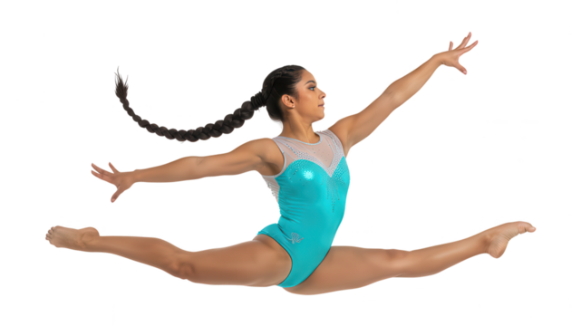 Graceful Gymnast Performing Split Leap on White Background