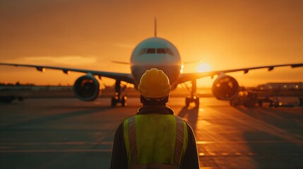 Airport Ground Crew Member Watching a Large Airplane During a Golden Sunset