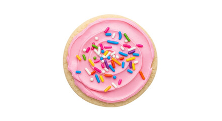 Delicious sugar cookie with pink frosting and colorful sprinkles isolated on transparent background perfect for a sweet treat or a festive celebration