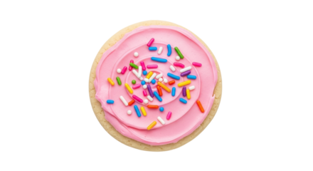 Delicious sugar cookie with pink frosting and colorful sprinkles isolated on transparent background perfect for a sweet treat or a festive celebration