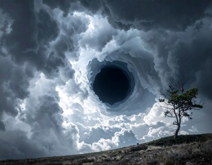 Dramatic sky and dark portal swirl above a lone tree on a hill