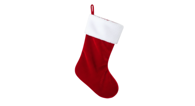 Classic red christmas stocking with white trim, isolated on transparent background, ready to be filled with holiday treats and surprises - Powered by Adobe