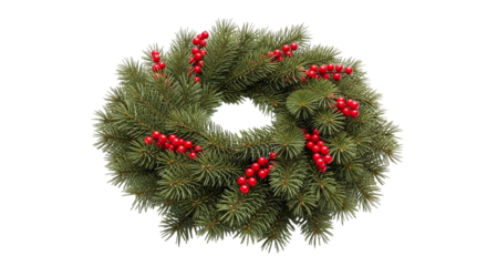 Festive christmas wreath with red berries isolated on transparent background, a beautiful holiday decoration for the winter season
