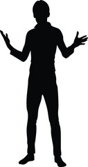 Silhouette of man with open arms, confused or questioning gesture, expressive male body language vector illustration on white background