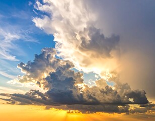 Dramatic sky showing dense, glowing clouds, with sun rays peeking through