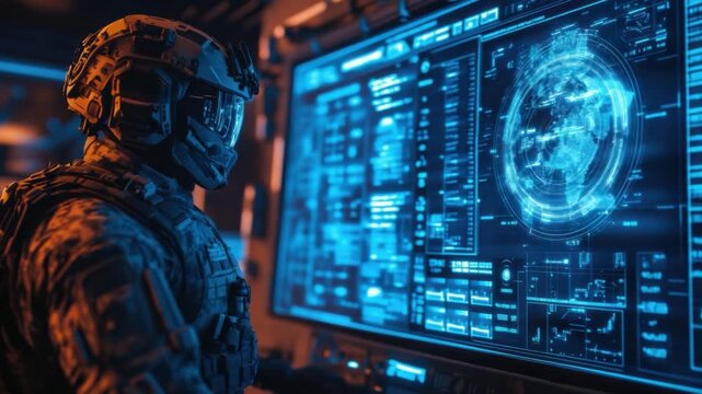 Soldier Monitoring Cyber Map: A skilled soldier diligently monitors a detailed cyber map, the glow of the screen illuminating a high-tech control room and a sense of strategic focus. 