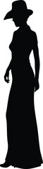 Fototapeta premium Silhouette of Woman in Long Dress and Hat, Posing Elegantly