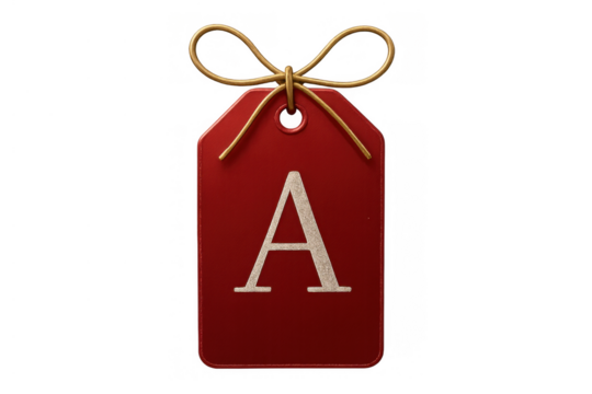 Red gift tag with gold bow and capital letter a, isolated on transparent background for pricing and sales