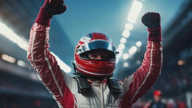 Formula Racer's Triumph: A triumphant formula racer celebrates victory with arms raised, helmet still on, bathed in the atmosphere of cheering crowd and racing glory.
