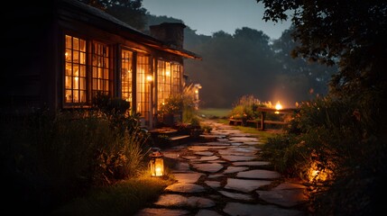 Warm interior illumination spills from a rustic dwelling onto a stone pathway at twilight.