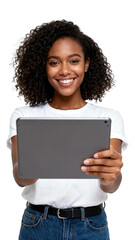 Smiling African American Woman Holding Tablet, Isolated