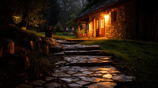 Warm interior illumination spills onto a wet stone pathway leading to a rustic dwelling at night
