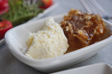 Delicious dessert with creamy ice cream and honeycomb treat