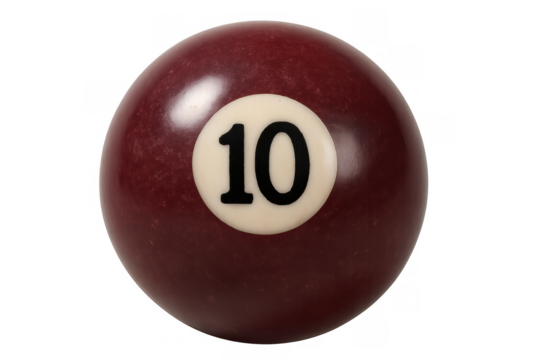 Maroon number 10 pool ball isolated on transparent background for game, sport, and leisure concepts