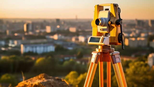 Surveying Instrument with Scenic Panorama: Capturing the meticulous work of land surveyors, the image showcases a modern theodolite perched atop a tripod.